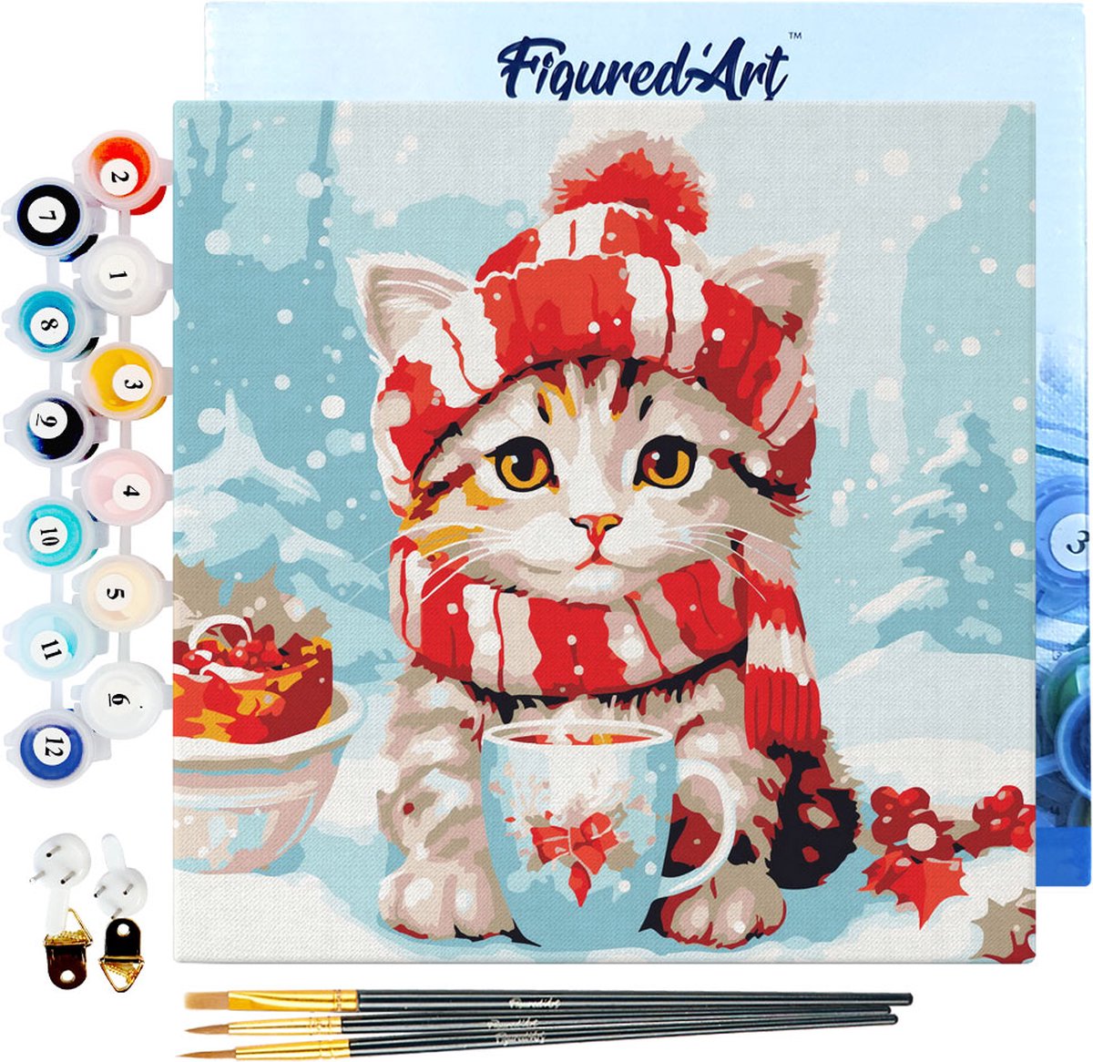 FiguredArt Mini Schilderen op Nummer Volwassenen 20x20cm met lijst Schattige Kat met Rode Sjaal - Klein Formaat Creatieve Hobby Kit DIY Art Nummer Compleet